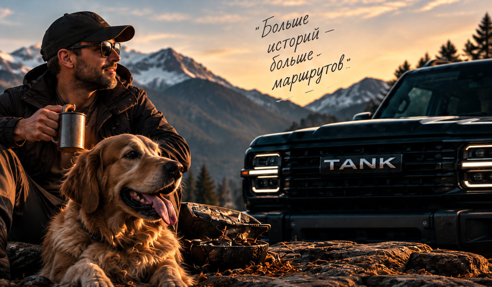 Владелец TANK с собакой и кружкой на фоне гор